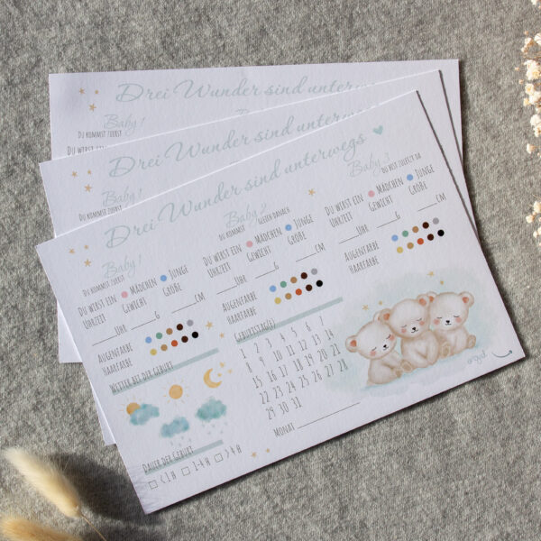 Triplet Baby Guess Cards – Baby Shower & Gender Reveal Game – A5