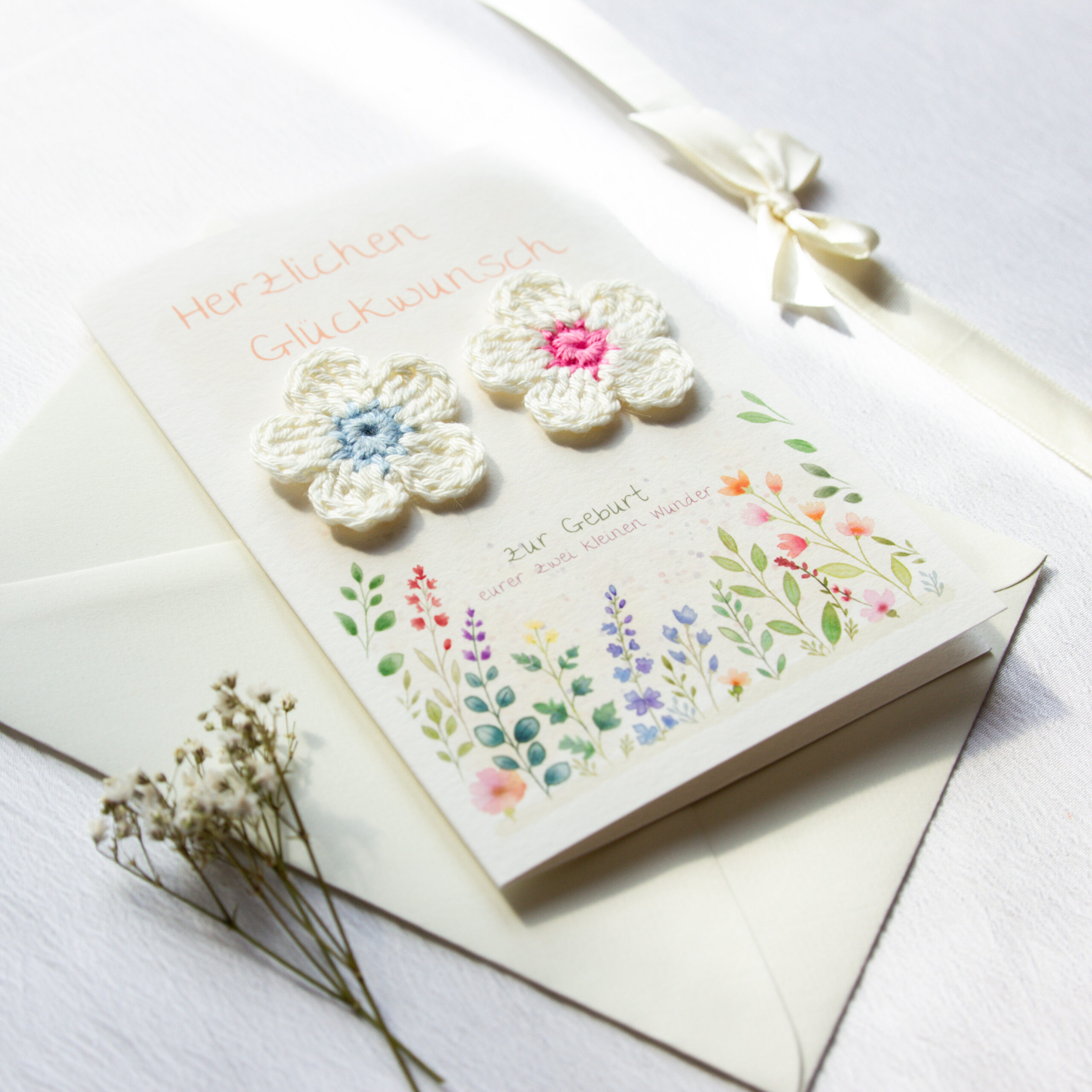 Congratulations Card for the Birth of Twins | Baby Card with Hand-Crocheted Flowers - Image 2