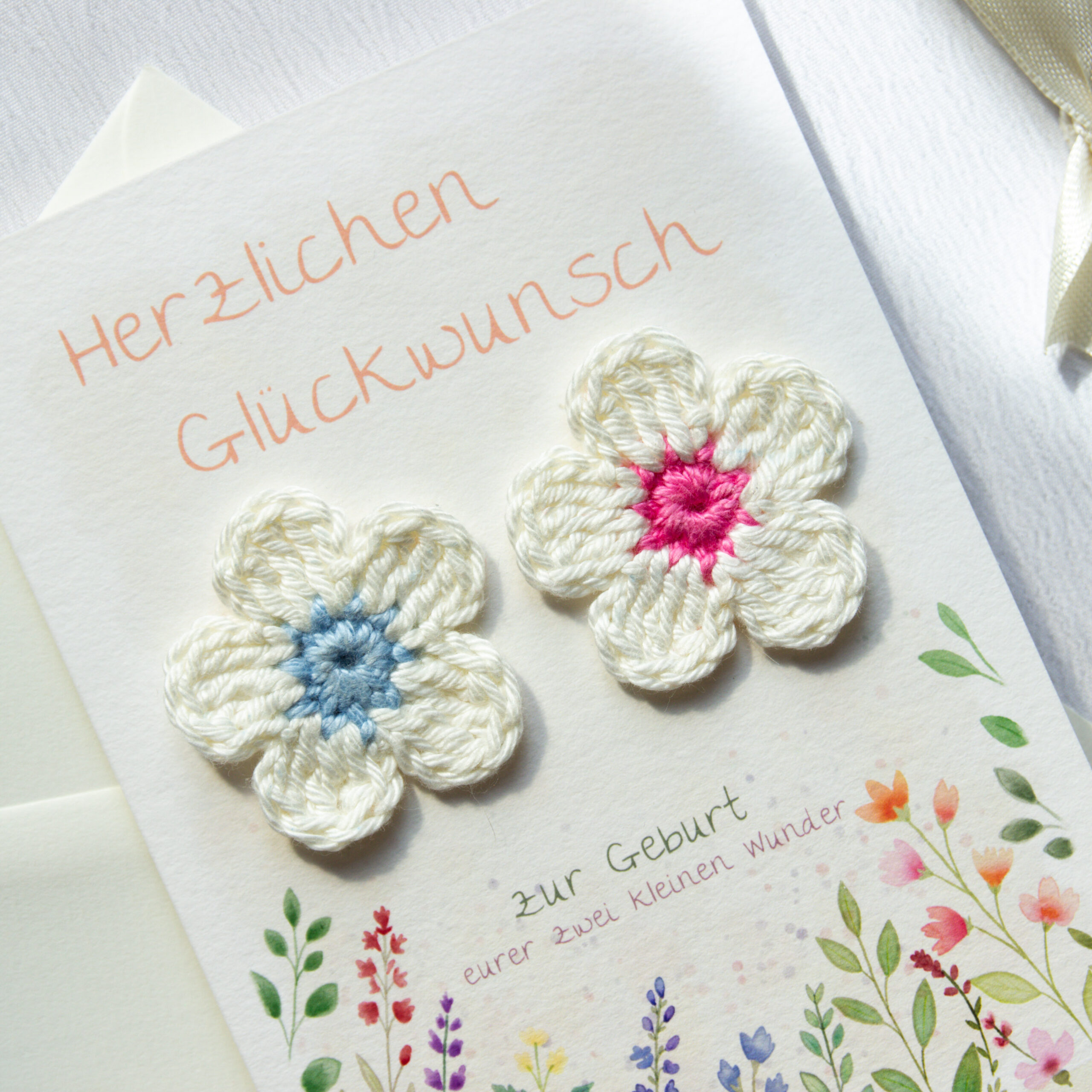 Congratulations Card for the Birth of Twins | Baby Card with Hand-Crocheted Flowers - Image 3