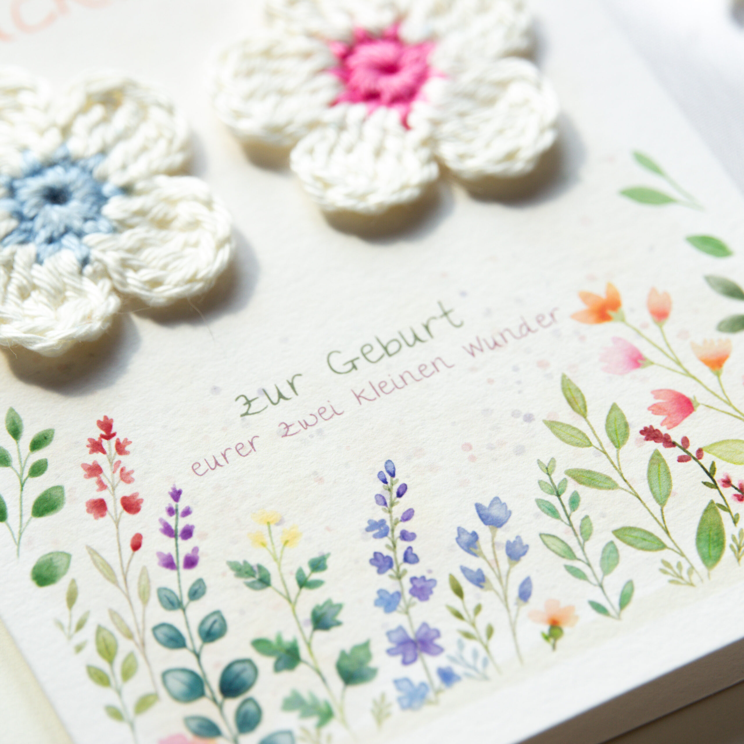 Congratulations Card for the Birth of Twins | Baby Card with Hand-Crocheted Flowers - Image 4