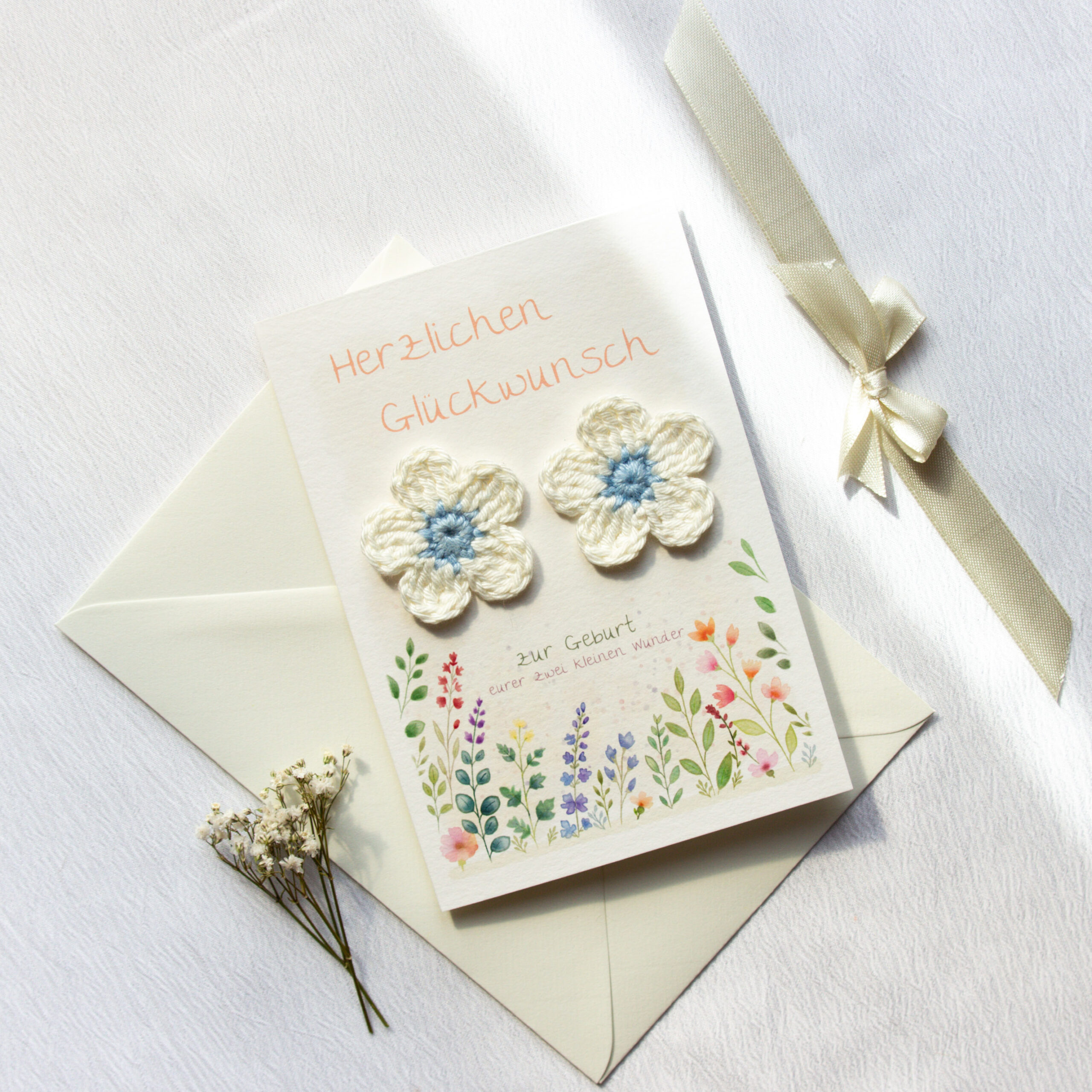 Congratulations Card for the Birth of Twins | Baby Card with Hand-Crocheted Flowers - Image 5