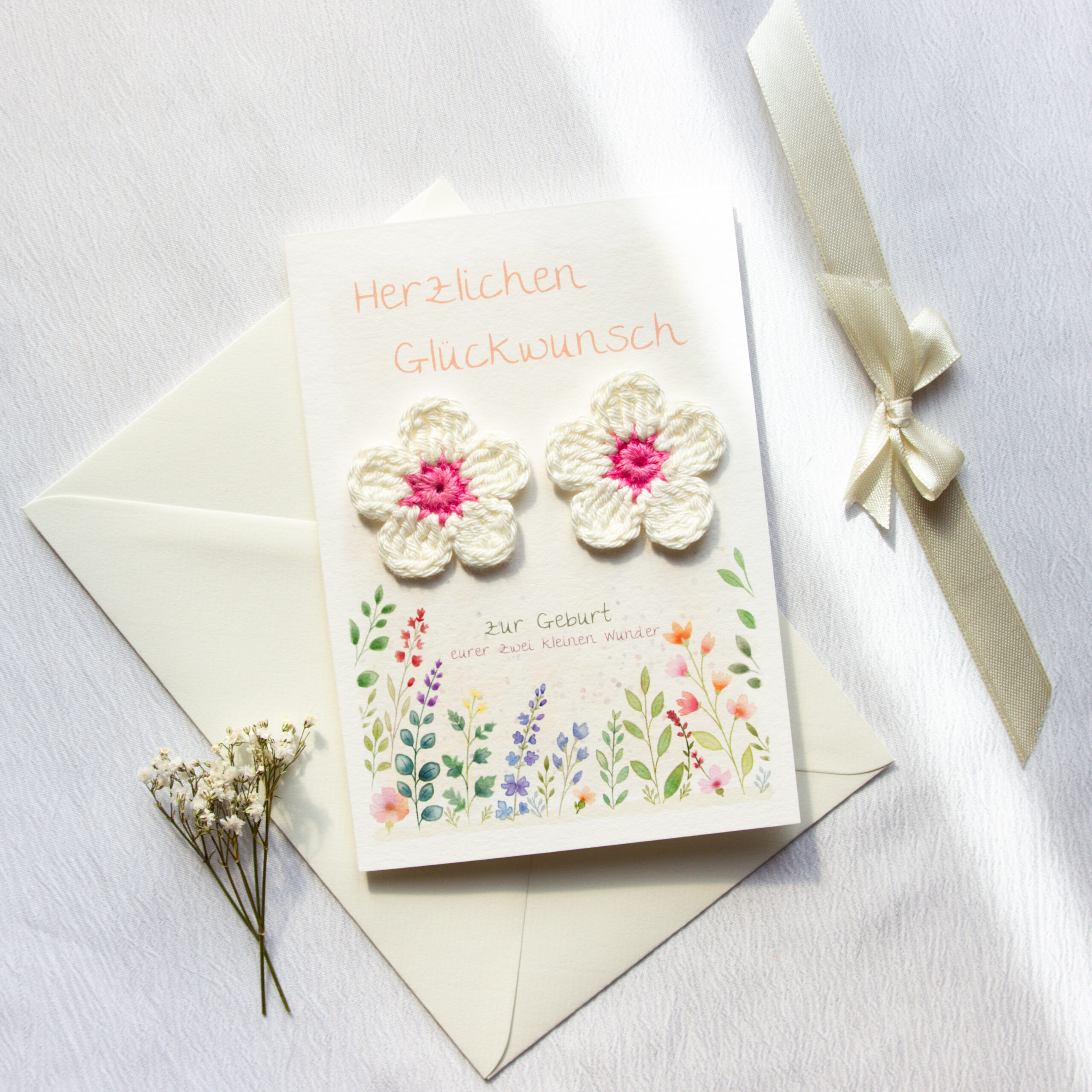 Congratulations Card for the Birth of Twins | Baby Card with Hand-Crocheted Flowers - Image 6