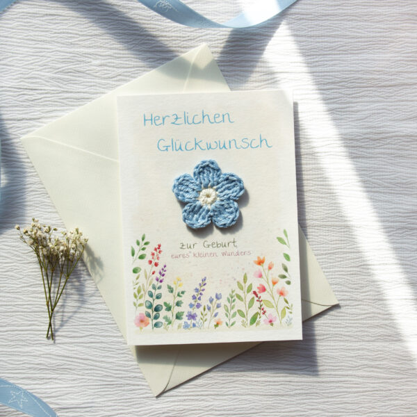 Congratulations Card for the Birth of a Baby | Baby Card with a Blue Crocheted Flower
