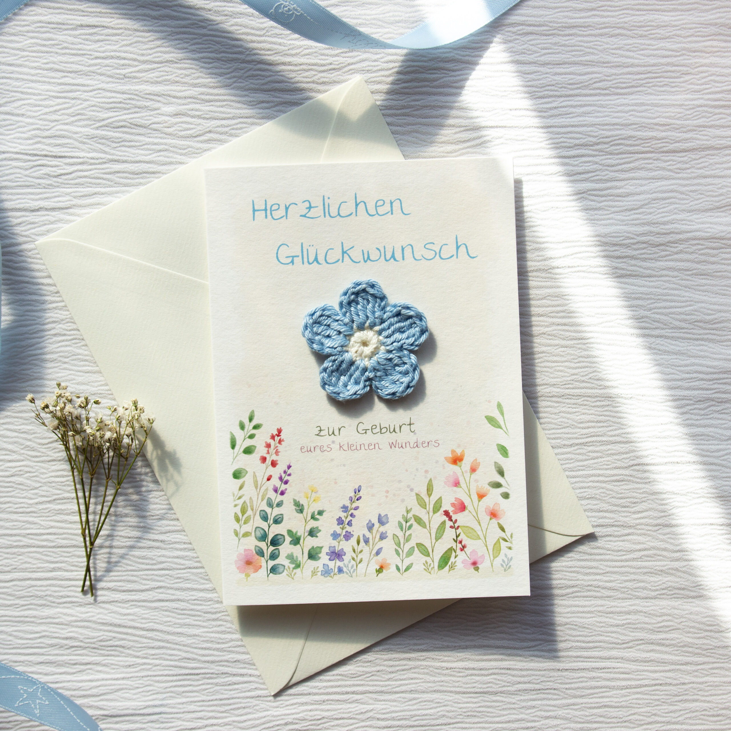 Congratulations Card for the Birth of a Baby | Baby Card with a Blue Crocheted Flower