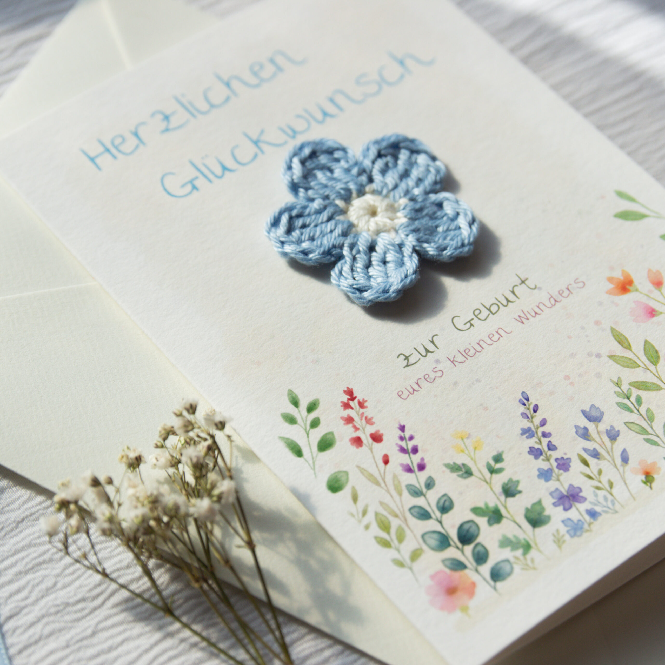 Congratulations Card for the Birth of a Baby | Baby Card with a Blue Crocheted Flower - Image 2