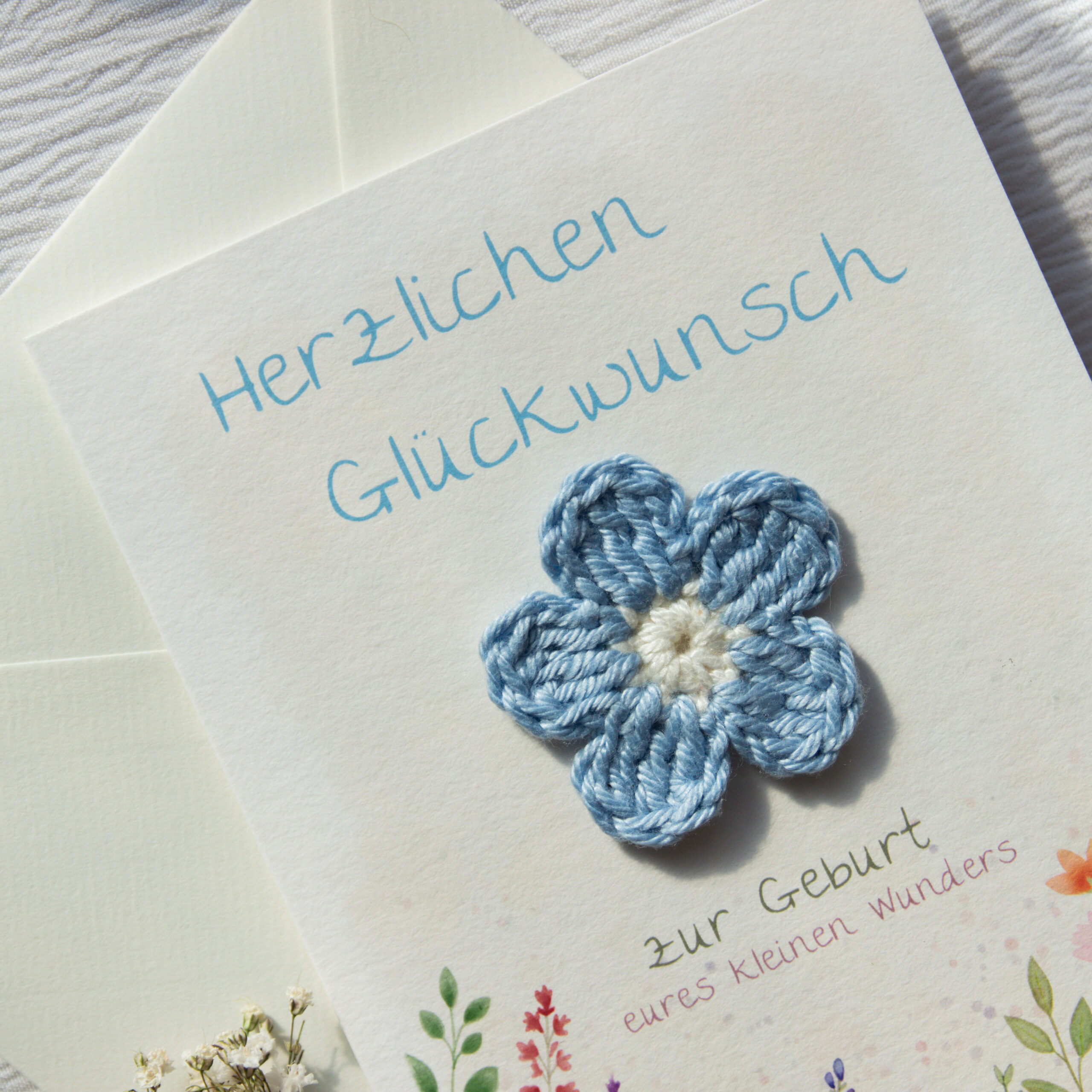 Congratulations Card for the Birth of a Baby | Baby Card with a Blue Crocheted Flower - Image 3