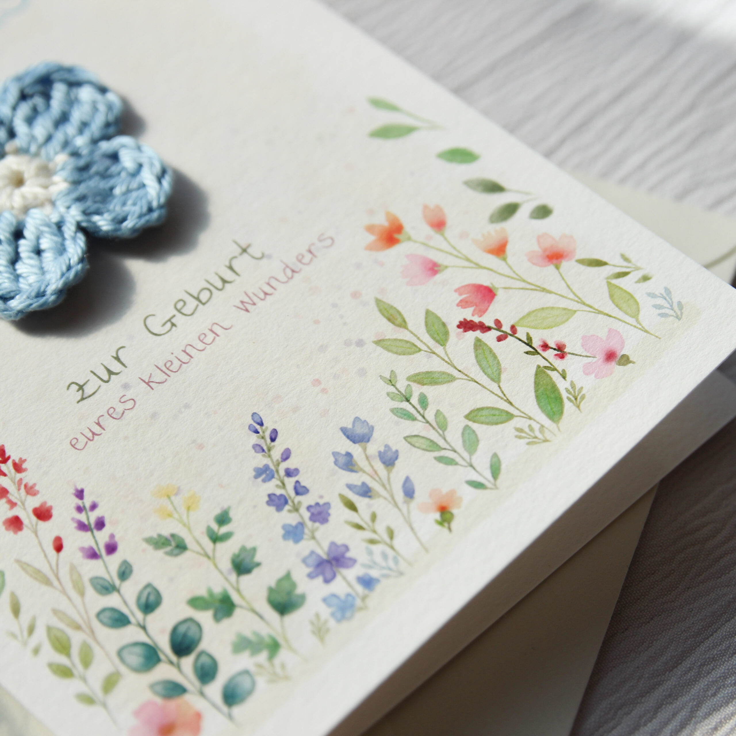 Congratulations Card for the Birth of a Baby | Baby Card with a Blue Crocheted Flower - Image 4
