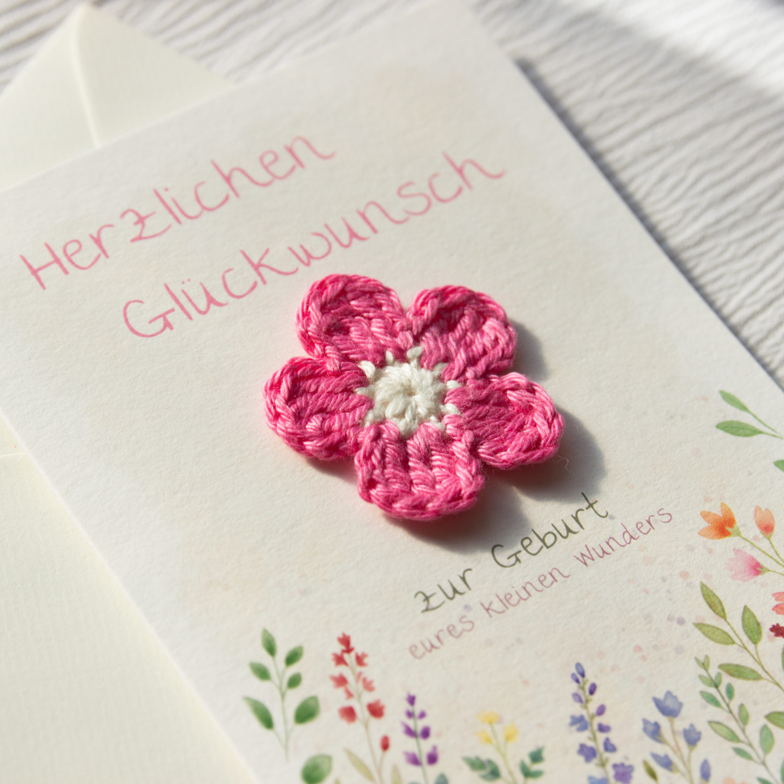 Congratulations Card for the Birth of a Baby | Baby Card with a Pink Crocheted Flower - Image 3