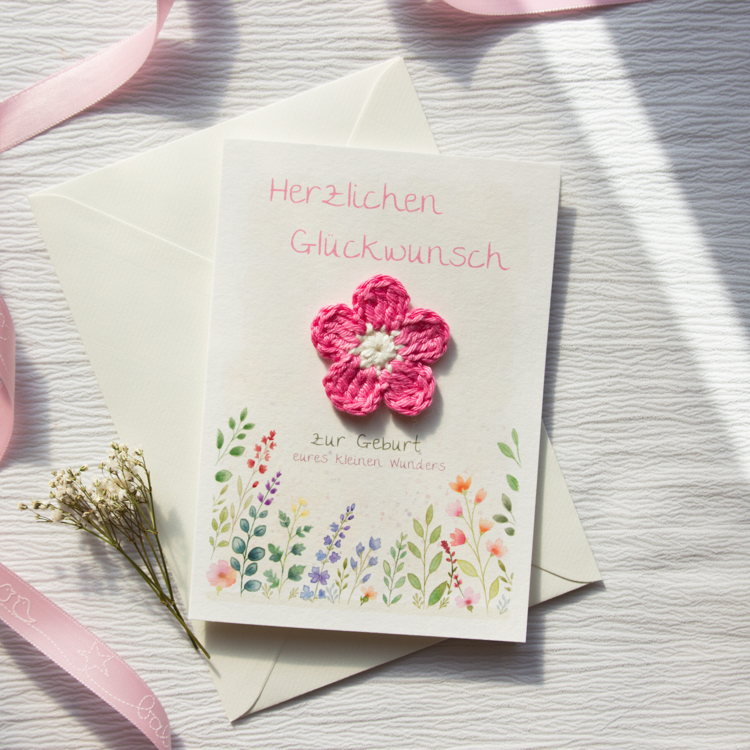 Congratulations Card for the Birth of a Baby | Baby Card with a Pink Crocheted Flower