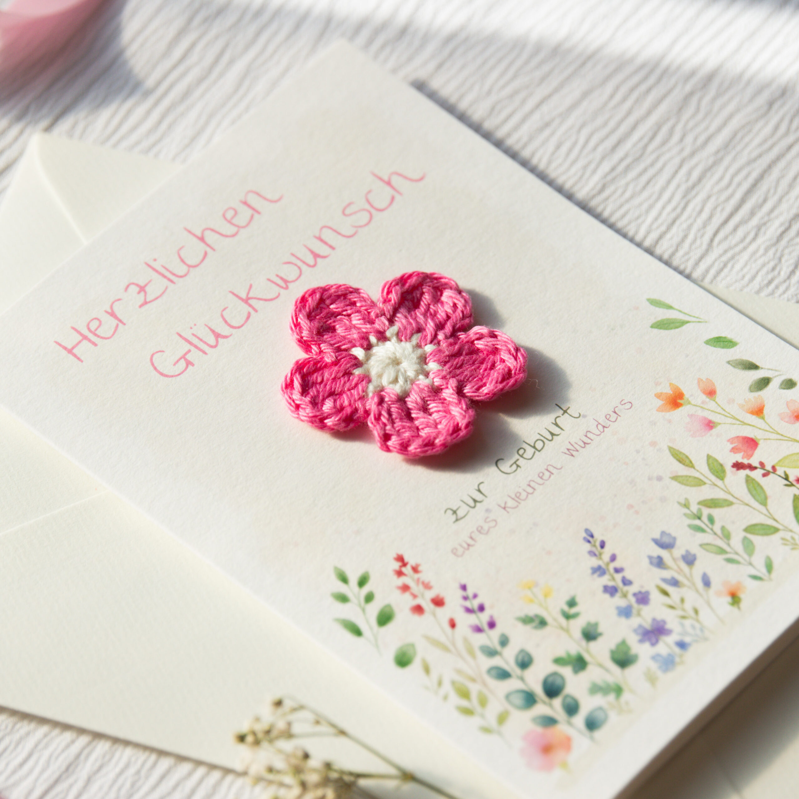 Congratulations Card for the Birth of a Baby | Baby Card with a Pink Crocheted Flower - Image 2