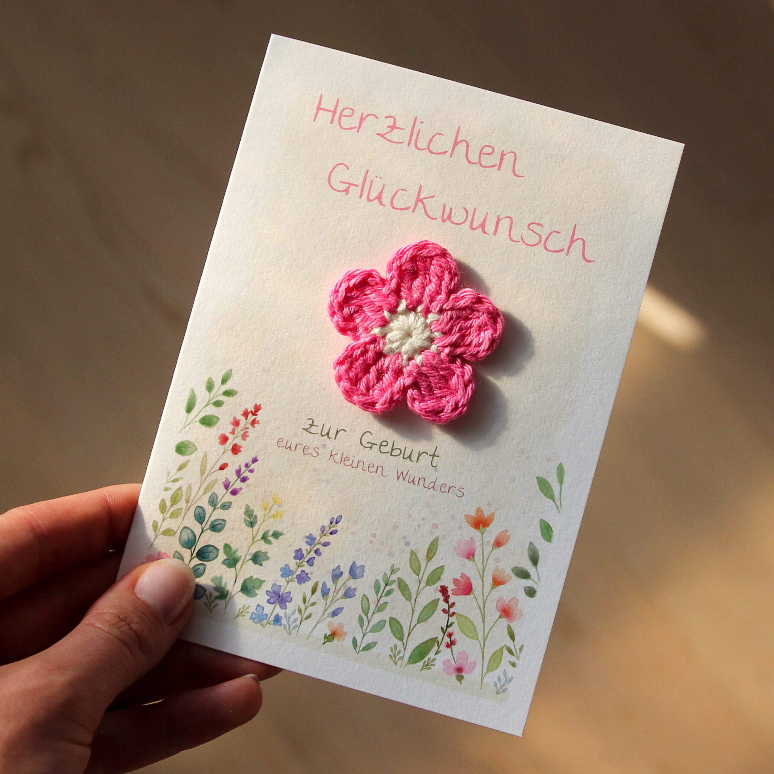 Congratulations Card for the Birth of a Baby | Baby Card with a Pink Crocheted Flower - Image 7