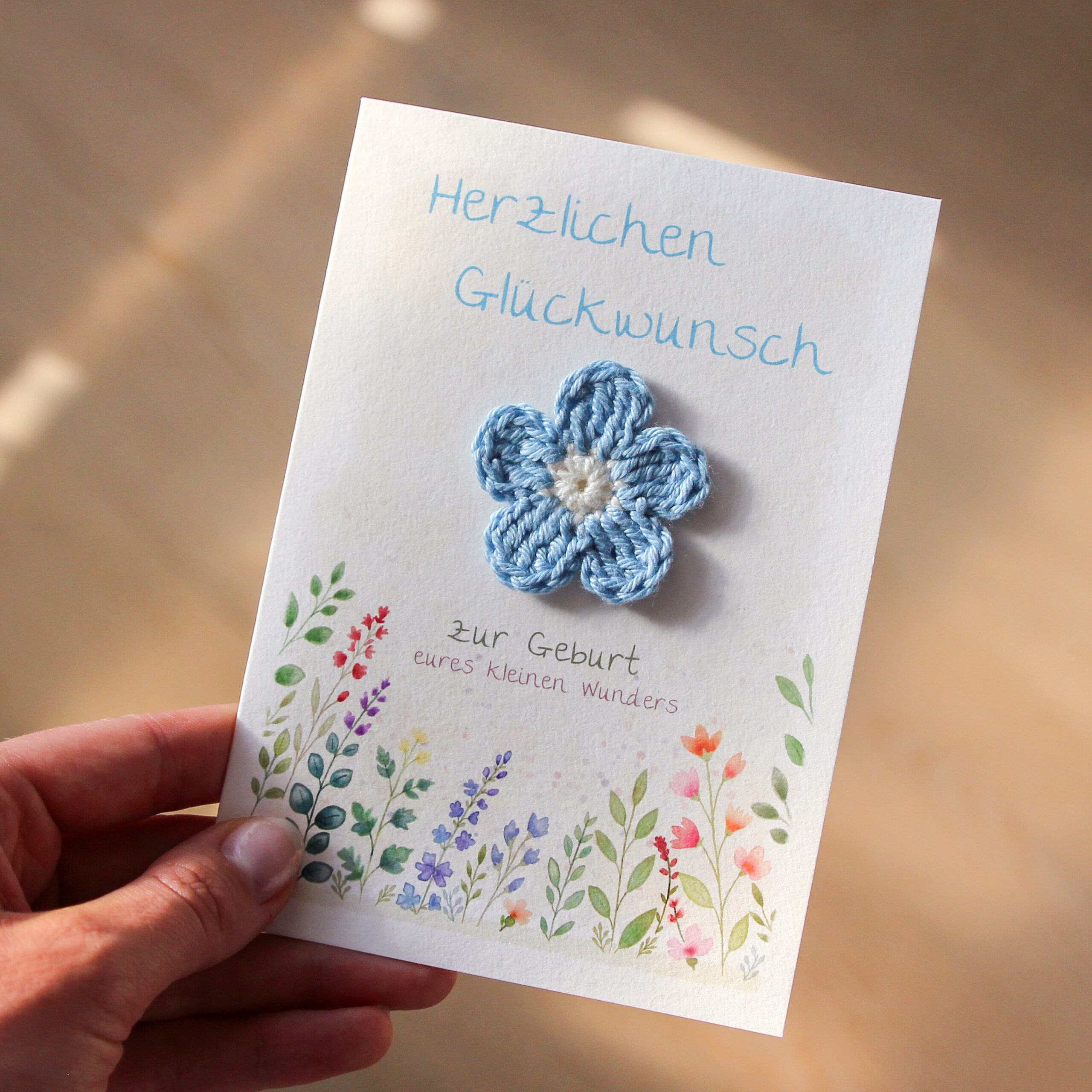 Congratulations Card for the Birth of a Baby | Baby Card with a Blue Crocheted Flower - Image 8